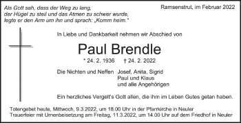 Anzeige von Paul Brendle von Schwäbische Zeitung