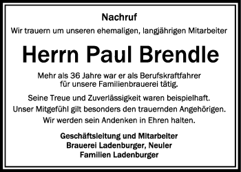 Anzeige von Paul Brendle von Schwäbische Zeitung