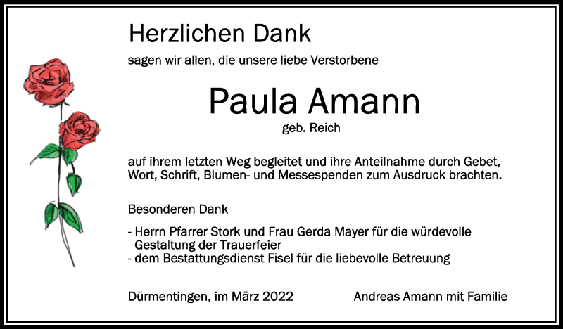  Traueranzeige für Paula Amann vom 19.03.2022 aus Schwäbische Zeitung