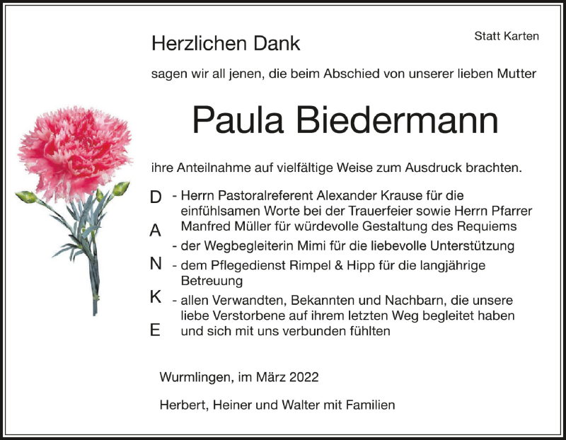  Traueranzeige für Paula Biedermann vom 11.03.2022 aus Schwäbische Zeitung