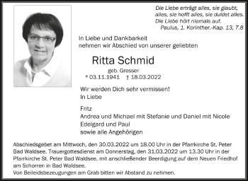 Anzeige von Ritta Schmid von Schwäbische Zeitung