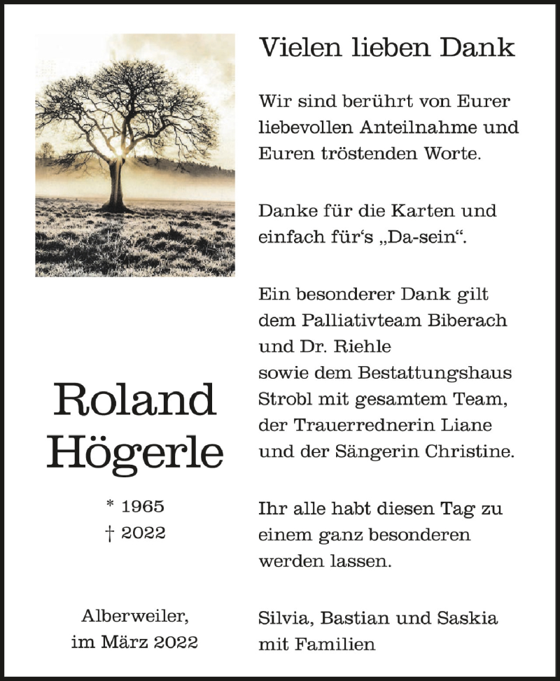  Traueranzeige für Roland Högerle vom 12.03.2022 aus Schwäbische Zeitung