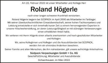 Anzeige von Roland Högerle von Schwäbische Zeitung