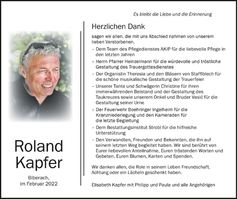  Traueranzeige für Roland Kapfer vom 05.03.2022 aus Schwäbische Zeitung