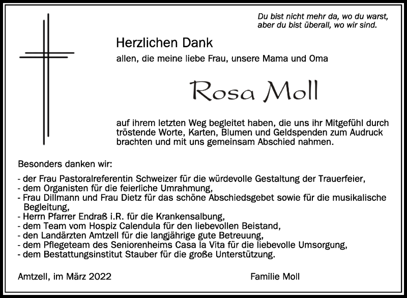  Traueranzeige für Rosa Moll vom 19.03.2022 aus Schwäbische Zeitung