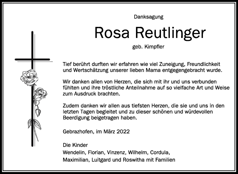  Traueranzeige für Rosa Reutlinger vom 23.03.2022 aus Schwäbische Zeitung