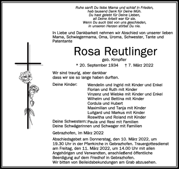 Anzeige von Rosa Reutlinger von Schwäbische Zeitung