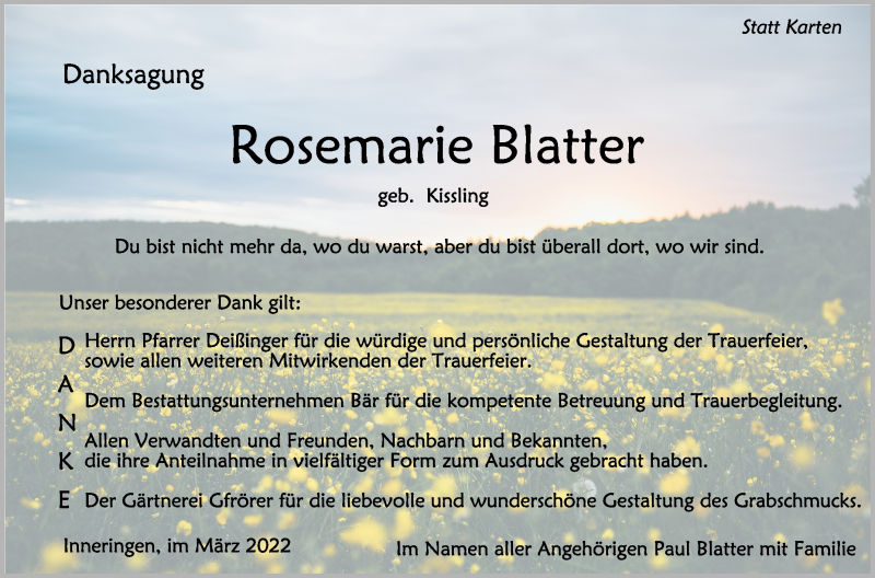  Traueranzeige für Rosemarie Blatter vom 31.03.2022 aus Schwäbische Zeitung