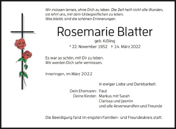 Anzeige von Rosemarie Blatter von Schwäbische Zeitung