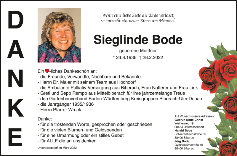  Traueranzeige für Sieglinde Bode vom 26.03.2022 aus Schwäbische Zeitung