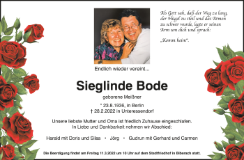 Anzeige von Sieglinde Bode von Schwäbische Zeitung