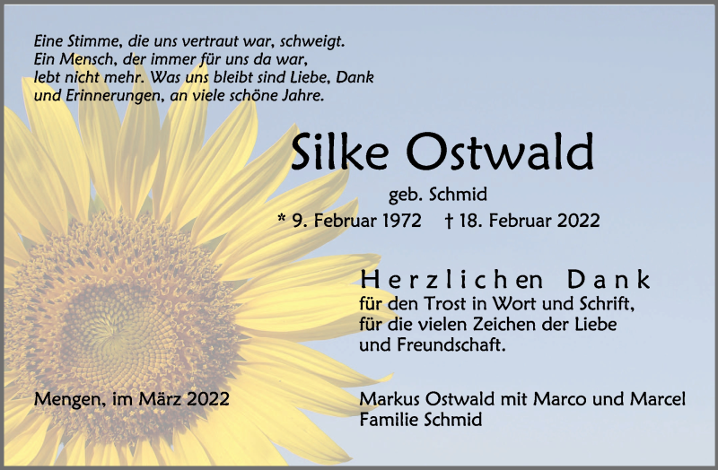  Traueranzeige für Silke Ostwald vom 04.03.2022 aus Schwäbische Zeitung