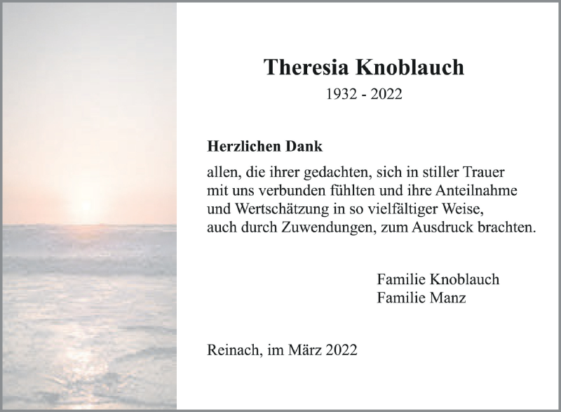  Traueranzeige für Theresia Knoblauch vom 05.03.2022 aus Schwäbische Zeitung