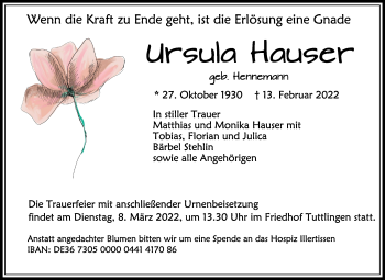 Anzeige von Ursula Hauser von Schwäbische Zeitung