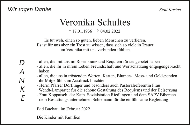  Traueranzeige für Veronika Schultes vom 05.03.2022 aus Schwäbische Zeitung