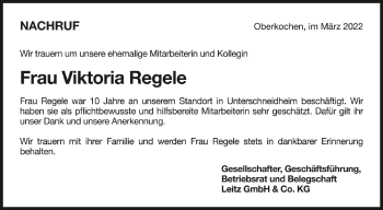 Anzeige von Viktoria Regele von Schwäbische Zeitung