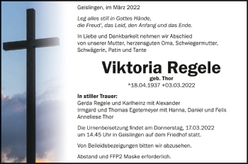 Anzeige von Viktoria Regele von Schwäbische Zeitung