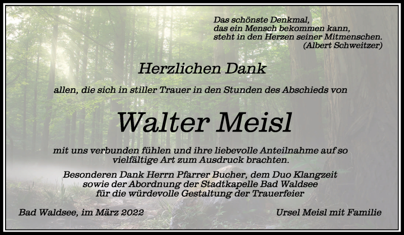  Traueranzeige für Walter Meisl vom 12.03.2022 aus Schwäbische Zeitung