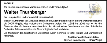 Anzeige von Walter Thurnberger von Schwäbische Zeitung