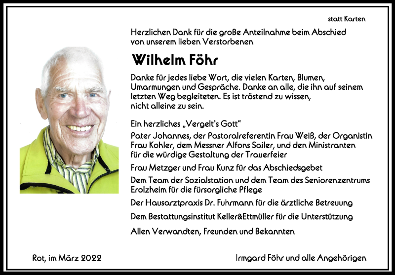  Traueranzeige für Wilhelm Föhr vom 04.03.2022 aus Schwäbische Zeitung