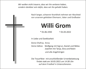 Anzeige von Willi Grom von Schwäbische Zeitung