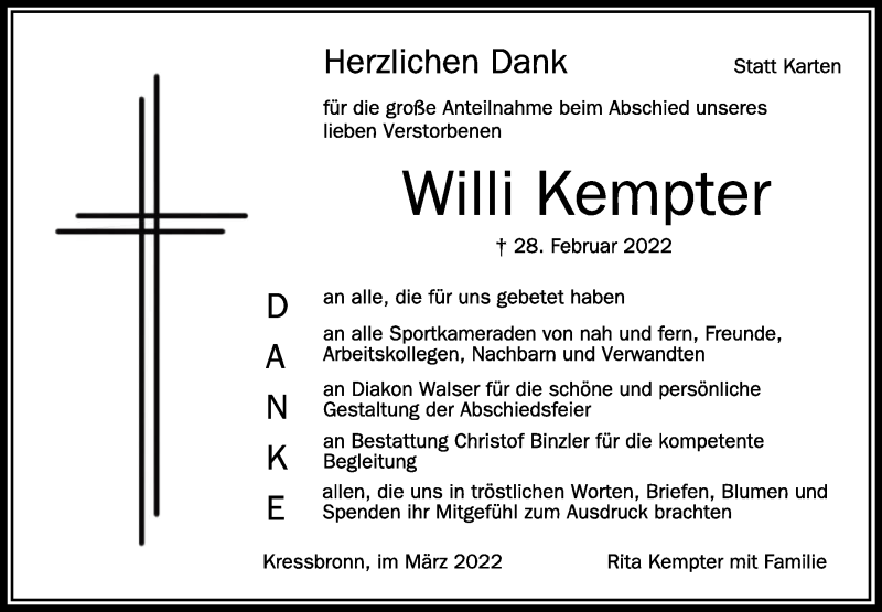  Traueranzeige für Willi Kempter vom 23.03.2022 aus Schwäbische Zeitung