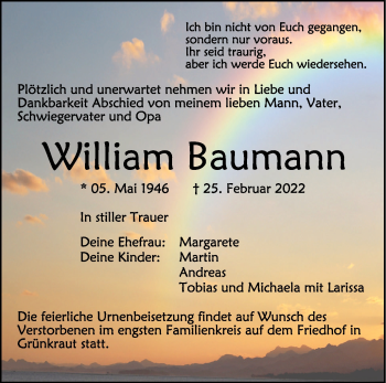 Anzeige von William Baumann von Schwäbische Zeitung