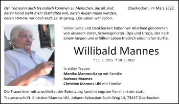 Anzeige von Willibald Mannes von Schwäbische Zeitung