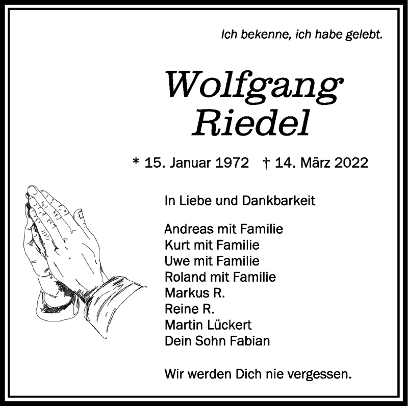  Traueranzeige für Wolfgang Riedel vom 19.03.2022 aus Schwäbische Zeitung