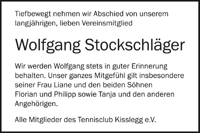  Traueranzeige für Wolfgang Stockschläger vom 17.03.2022 aus Schwäbische Zeitung