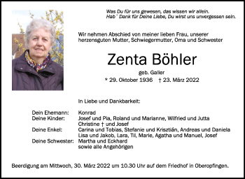 Anzeige von Zenta Böhler von Schwäbische Zeitung