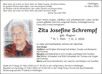 Anzeige von Zita Josefine Schrempf von Schwäbische Zeitung