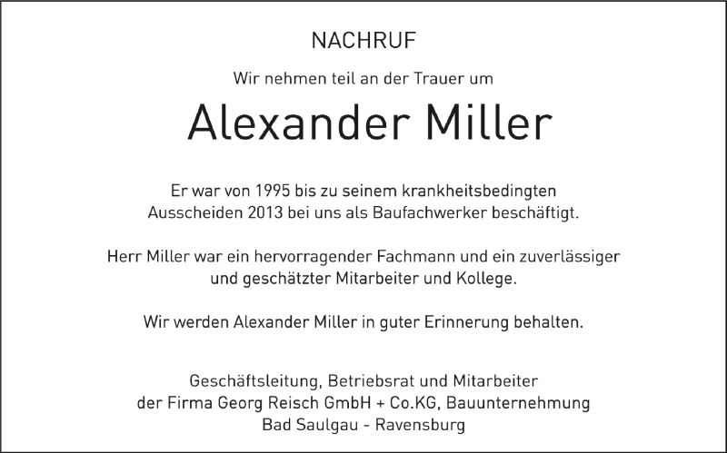  Traueranzeige für Alexander Miller vom 21.04.2022 aus Schwäbische Zeitung