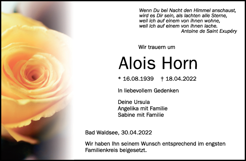  Traueranzeige für Alois Horn vom 30.04.2022 aus Schwäbische Zeitung