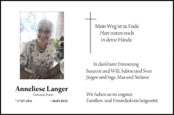 Anzeige von Anneliese Langer von Schwäbische Zeitung