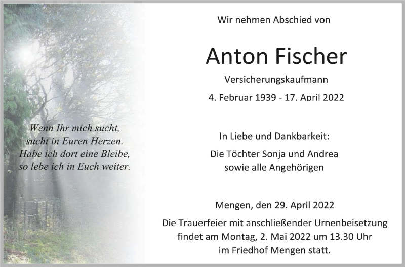  Traueranzeige für Anton Fischer vom 29.04.2022 aus Schwäbische Zeitung