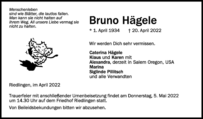  Traueranzeige für Bruno Hägele vom 30.04.2022 aus Schwäbische Zeitung