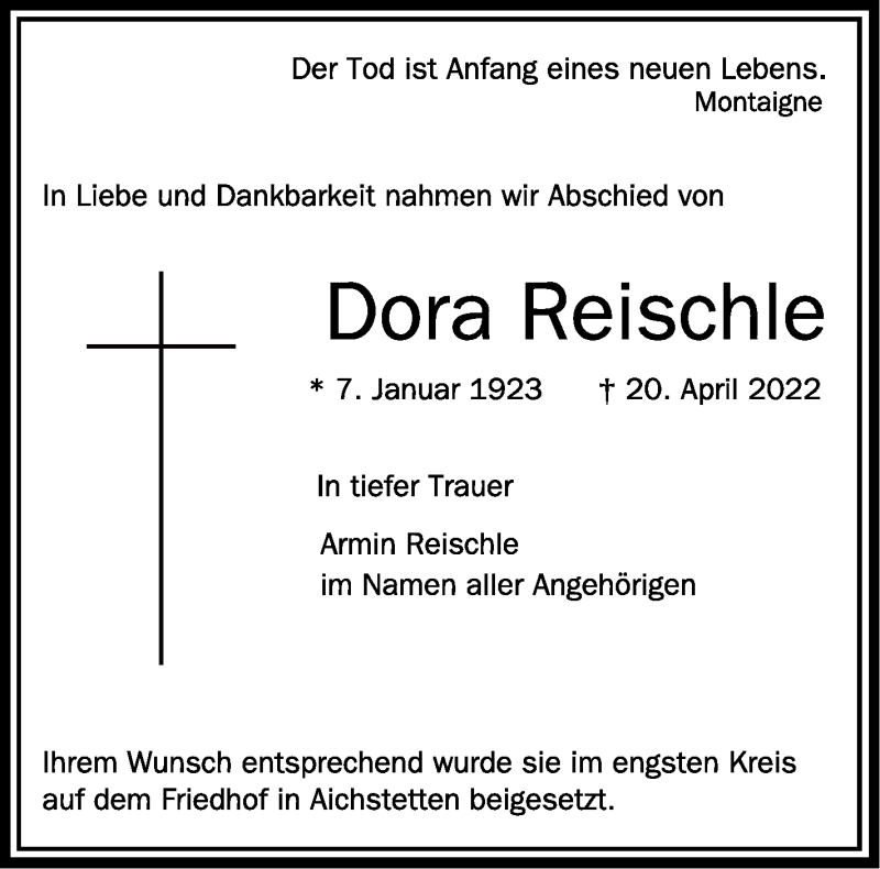  Traueranzeige für Dora Reischle vom 30.04.2022 aus Schwäbische Zeitung