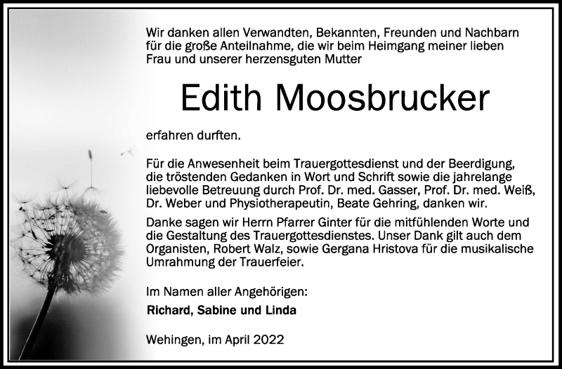  Traueranzeige für Edith Moosbrucker vom 08.04.2022 aus Schwäbische Zeitung