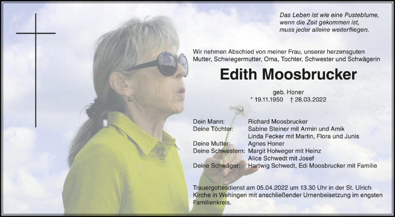  Traueranzeige für Edith Moosbrucker vom 01.04.2022 aus Schwäbische Zeitung