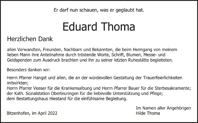  Traueranzeige für Eduard Thoma vom 09.04.2022 aus Schwäbische Zeitung