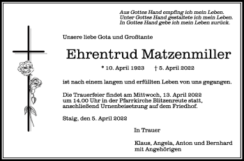 Anzeige von Ehrentrud Matzenmiller von Schwäbische Zeitung