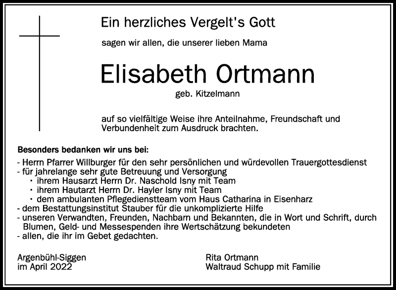  Traueranzeige für Elisabeth Ortmann vom 06.04.2022 aus Schwäbische Zeitung