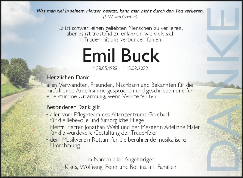  Traueranzeige für Emil Buck vom 09.04.2022 aus Schwäbische Zeitung