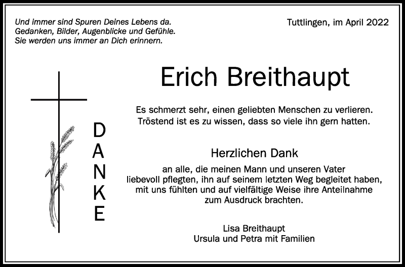  Traueranzeige für Erich Breithaupt vom 02.04.2022 aus Schwäbische Zeitung