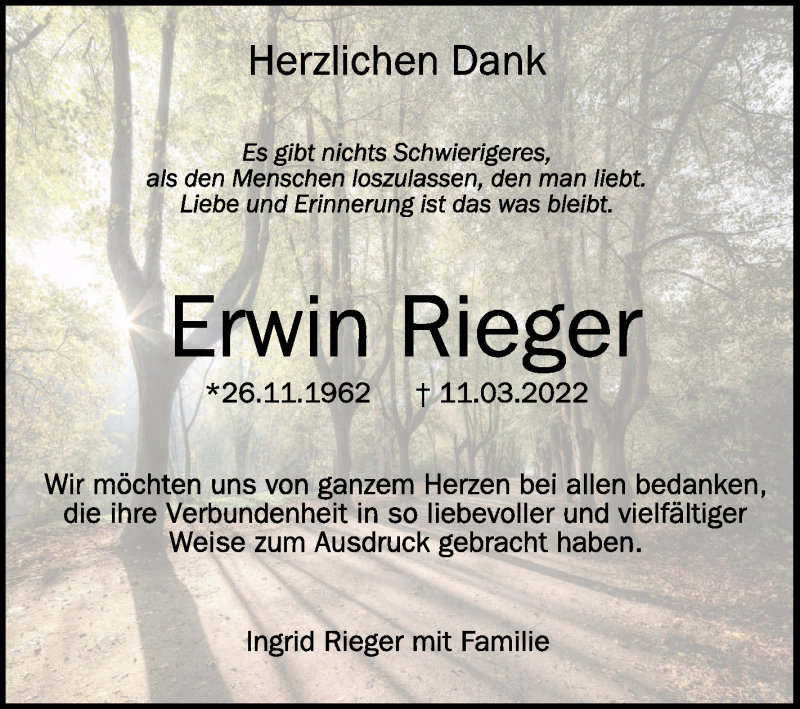  Traueranzeige für Erwin Rieger vom 09.04.2022 aus Schwäbische Zeitung