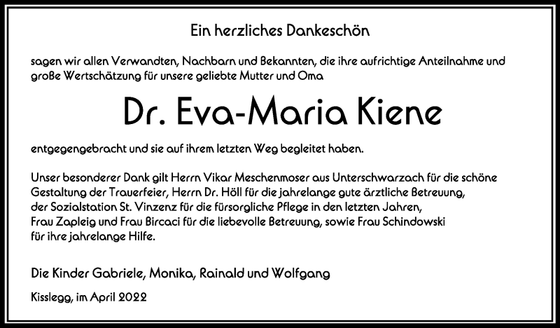  Traueranzeige für Eva-Maria Kiene vom 09.04.2022 aus Schwäbische Zeitung