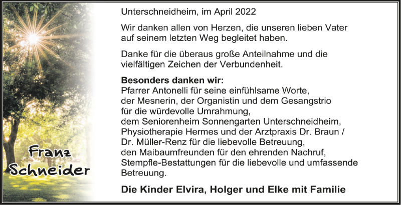  Traueranzeige für Franz Schneider vom 08.04.2022 aus Schwäbische Zeitung