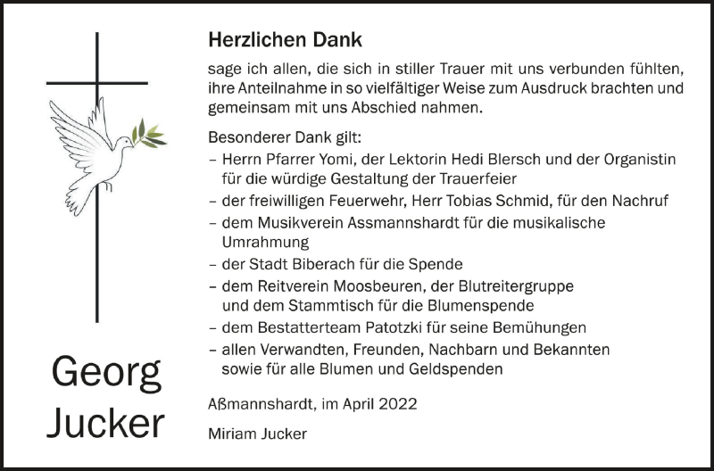  Traueranzeige für Georg Jucker vom 16.04.2022 aus Schwäbische Zeitung