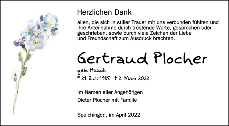  Traueranzeige für Gertraud Plocher vom 02.04.2022 aus Schwäbische Zeitung